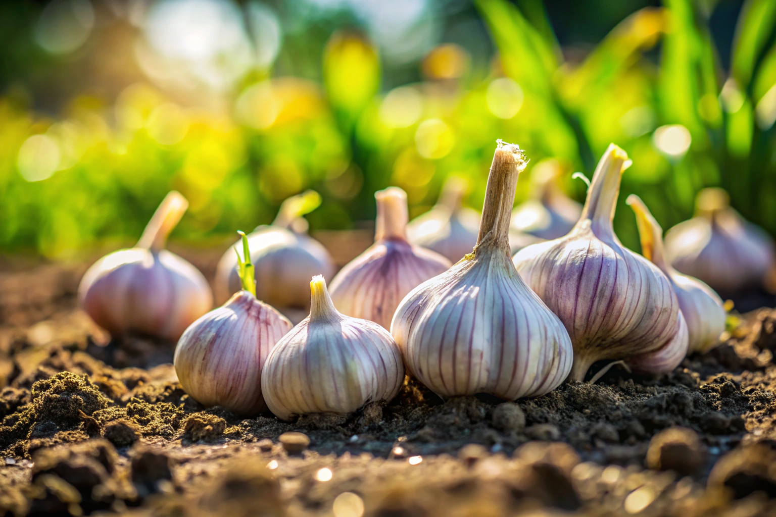 Gros plan sur des gousses d ail fraîches posées sur un sol sombre et fertile dans un jardin ensoleillé