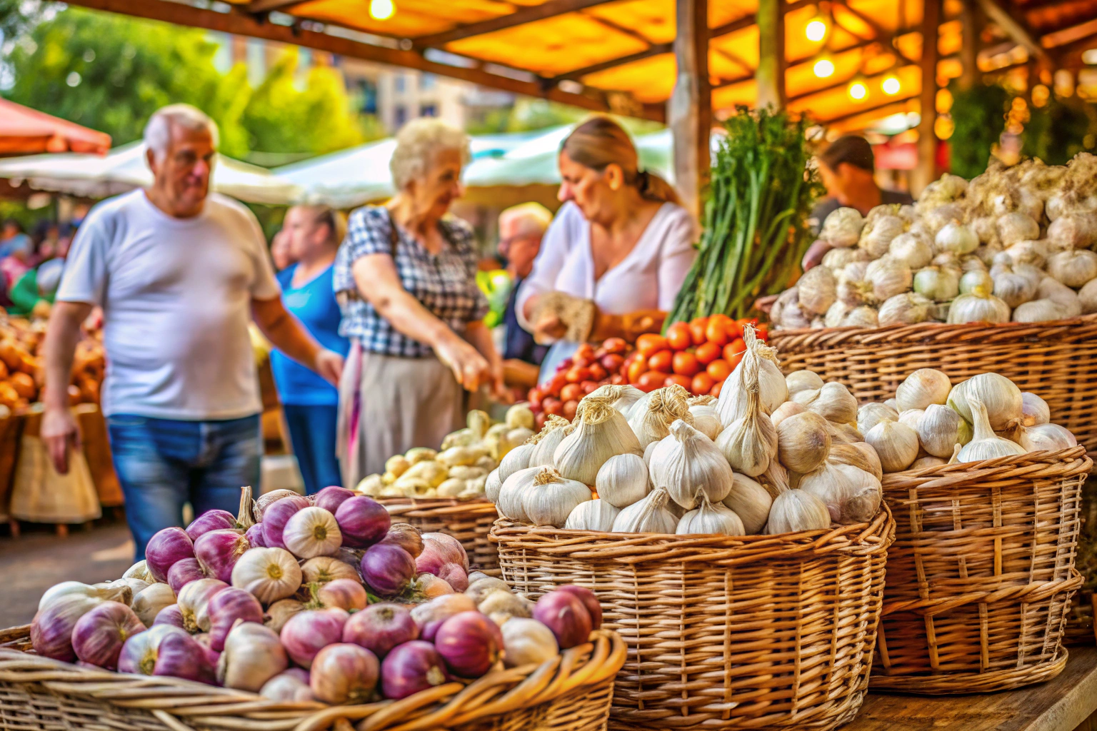 Un stand de marché coloré avec des paniers en osier remplis de bulbes d ail frais, entouré de clients en train de discuter, dans une ambiance chaleureuse et ensoleillée