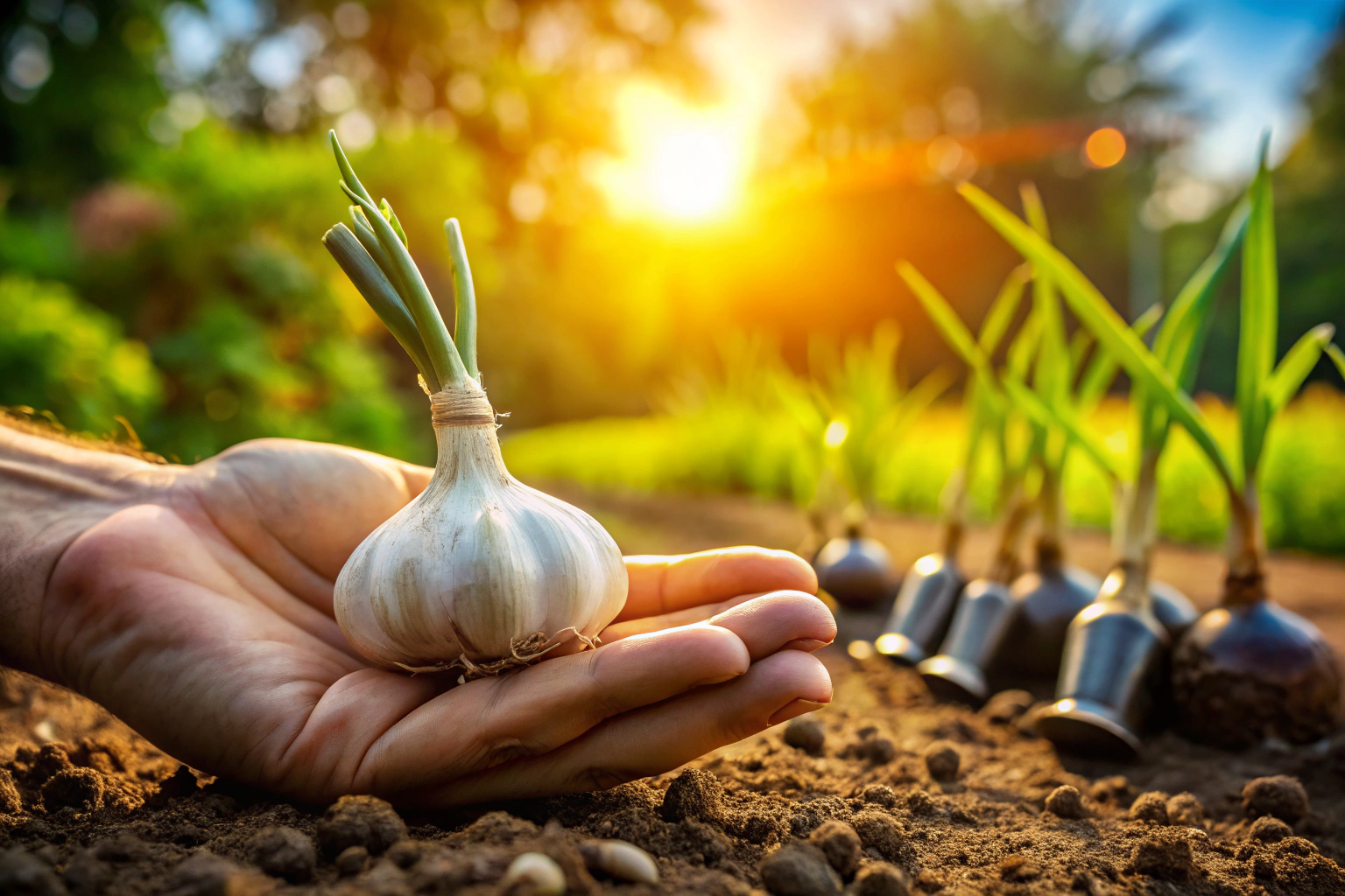 A serene scene of a hand holding a garlic bulb against a backdrop of soil and gardening tools, with soft sunlight highlighting the texture