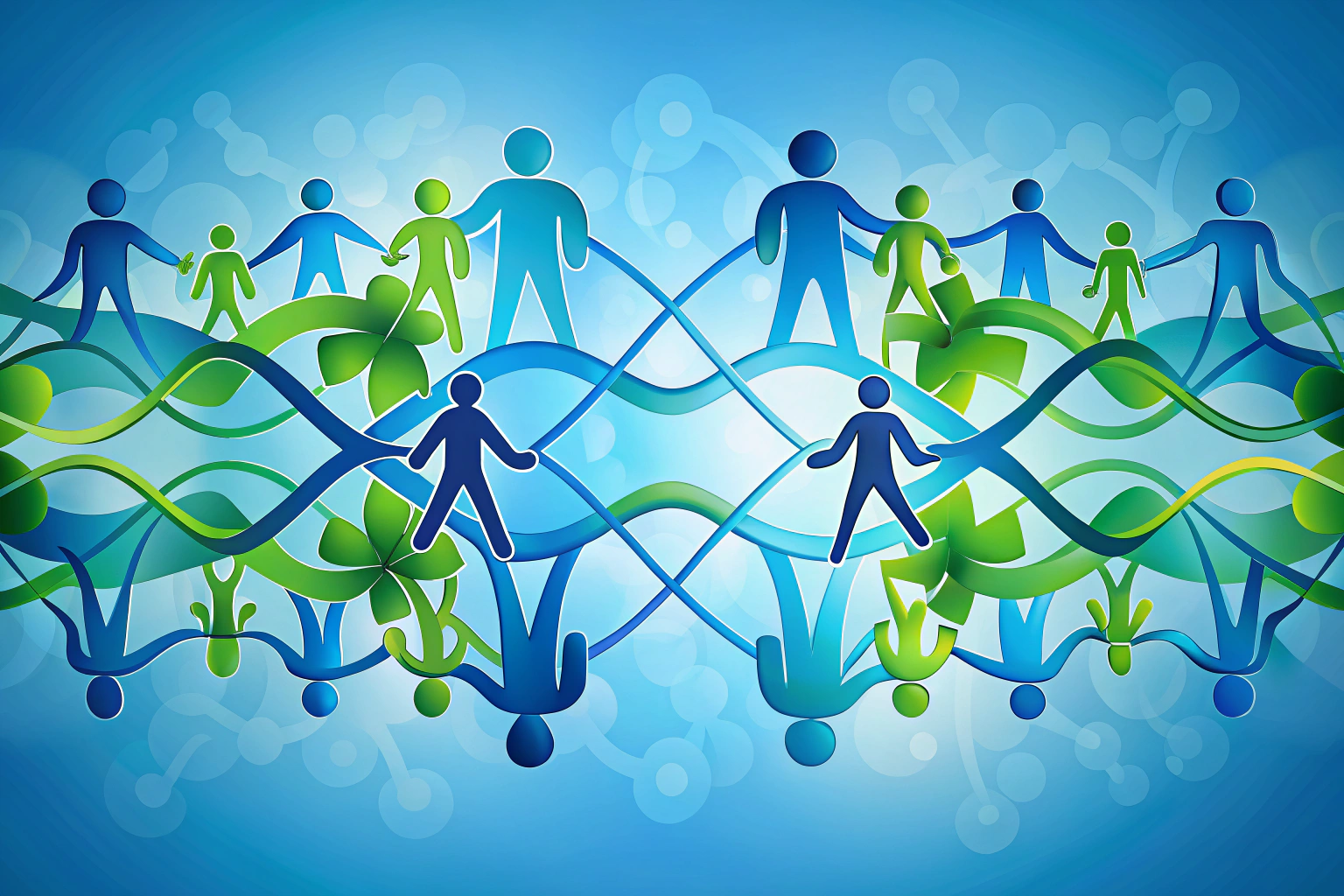 Une image abstraite illustrant la communication avec des formes organiques entrelacées dans des tons de bleu et de vert, symbolisant la fluidité des échanges et la connexion humaine, sans aucun élément textuel ou identifiable.